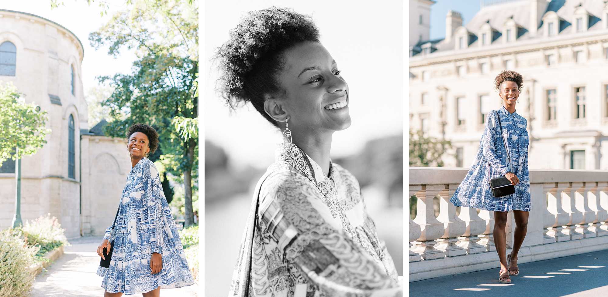 trio of photos from my first photo shoot after lockdown: 3 portraits with Lucie in a blue and white dress in central Paris